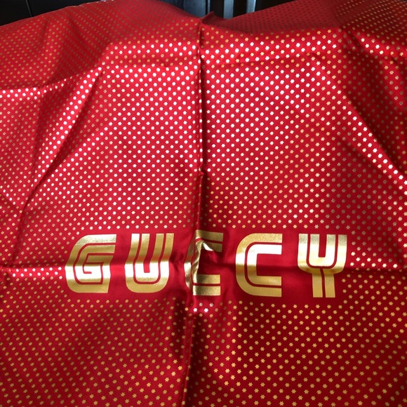 Gucci Red Silk Scarf with Gold Star Print and “GUCCY” Logo - Picture 8 of 10